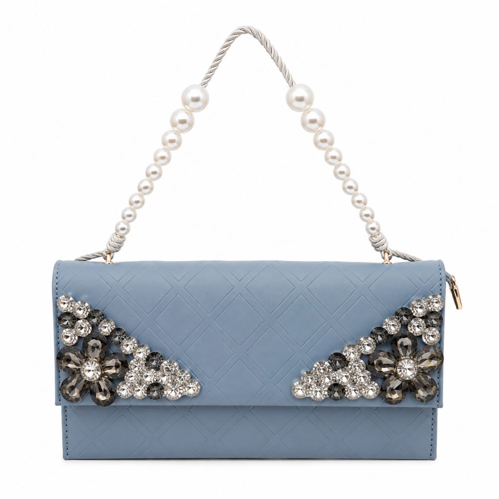 Crystal Embellished Quilted Clutch with Pearl Handle