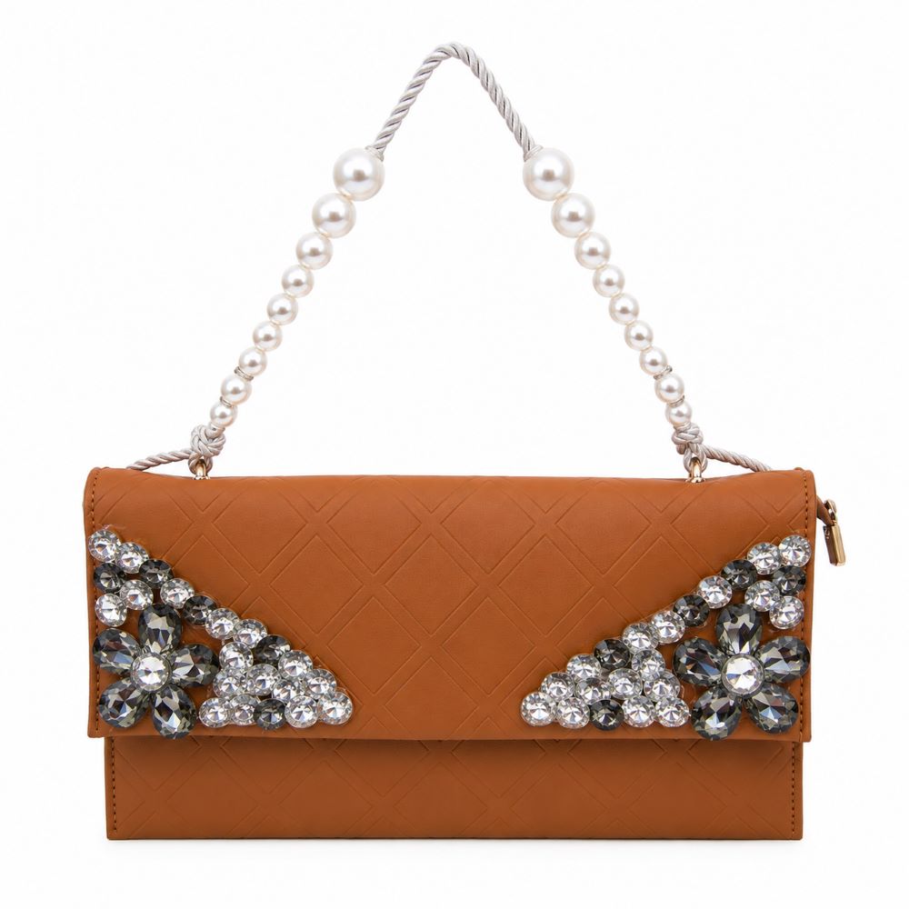 Crystal Embellished Quilted Clutch with Pearl Handle