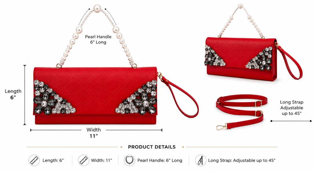 Crystal Embellished Quilted Clutch with Pearl Handle