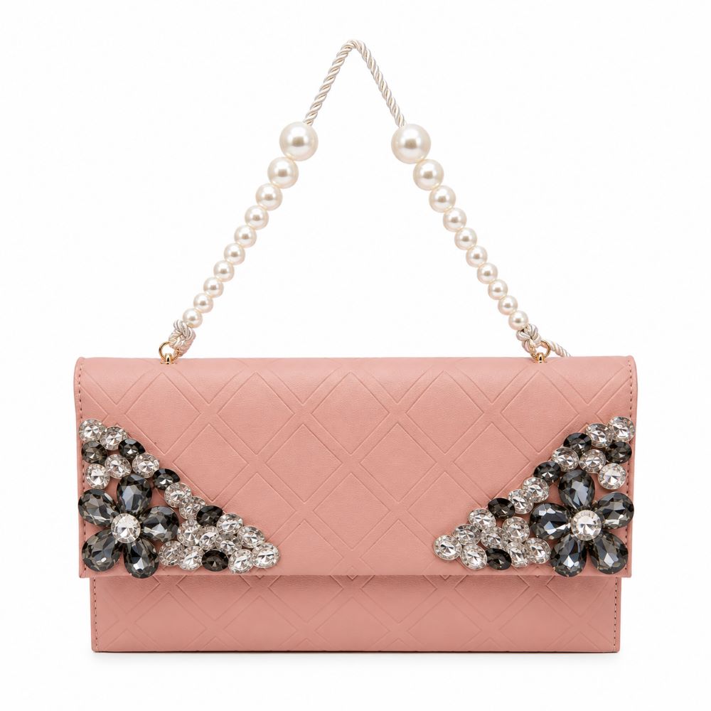 Crystal Embellished Quilted Clutch with Pearl Handle
