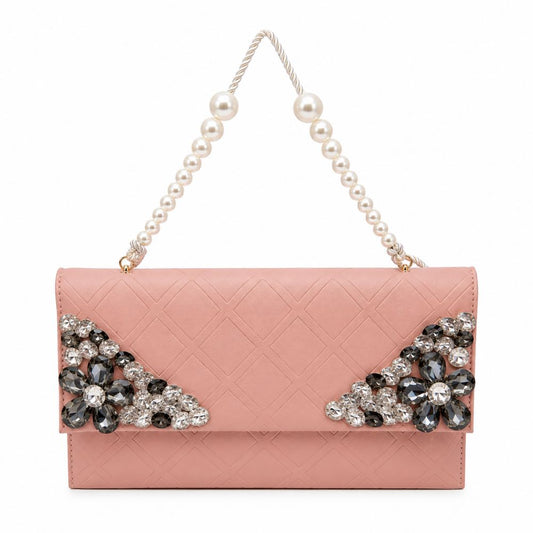 Crystal Embellished Quilted Clutch with Pearl Handle