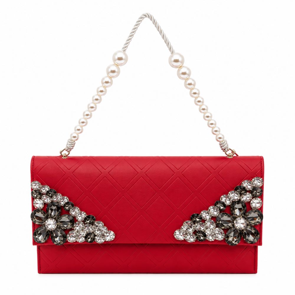 Crystal Embellished Quilted Clutch with Pearl Handle
