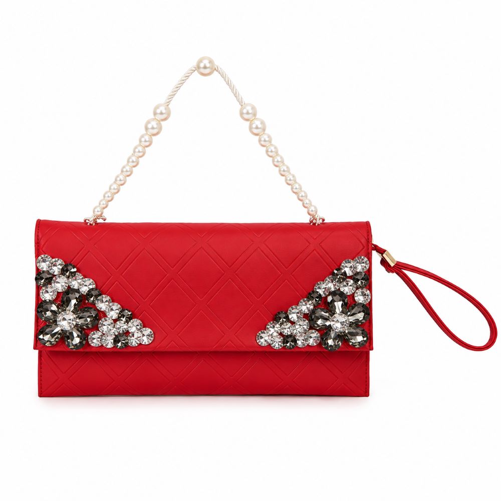 Crystal Embellished Quilted Clutch with Pearl Handle