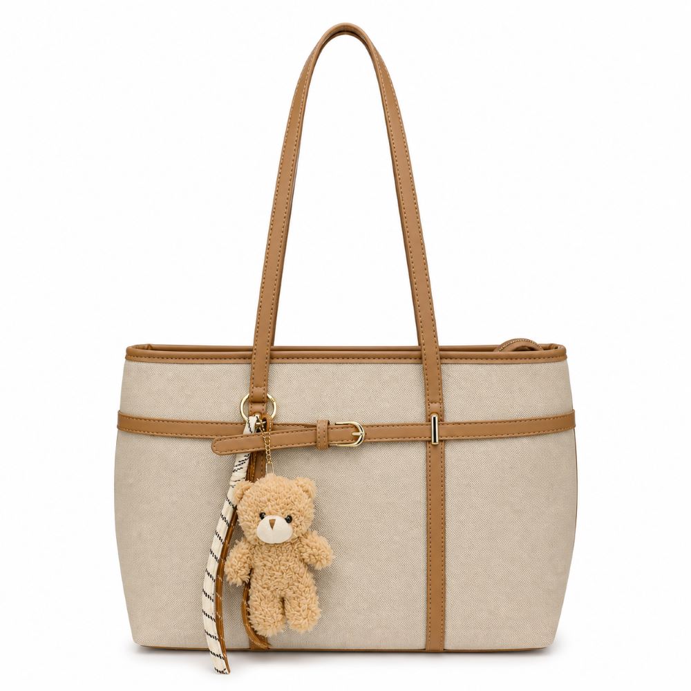 Canvas Tote Bag with Teddy Bear Keychain – Large Shoulder Handbag