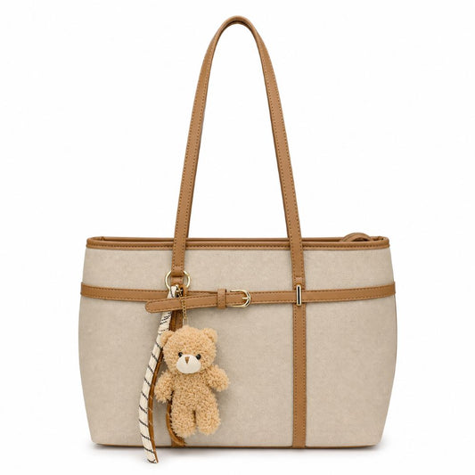 Canvas Tote Bag with Teddy Bear Keychain – Large Shoulder Handbag