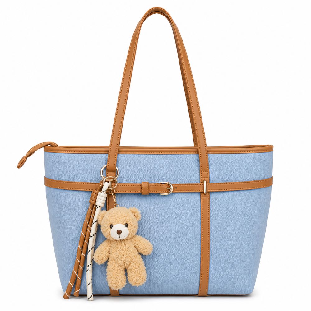 Canvas Tote Bag with Teddy Bear Keychain – Large Shoulder Handbag