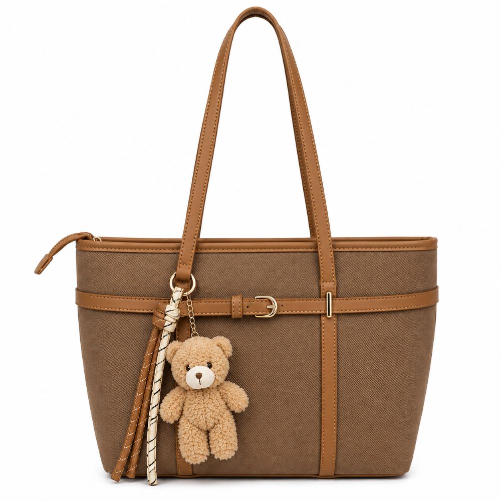 Canvas Tote Bag with Teddy Bear Keychain – Large Shoulder Handbag