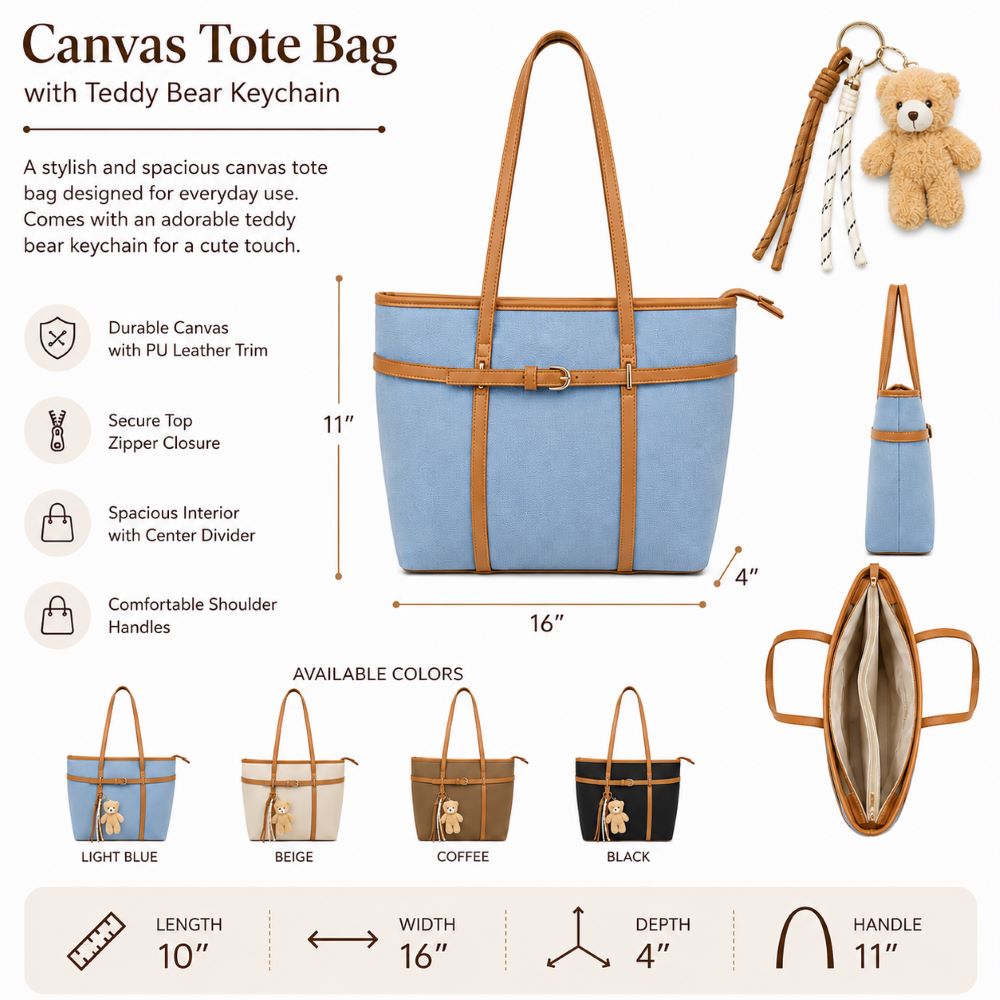 Canvas Tote Bag with Teddy Bear Keychain – Large Shoulder Handbag