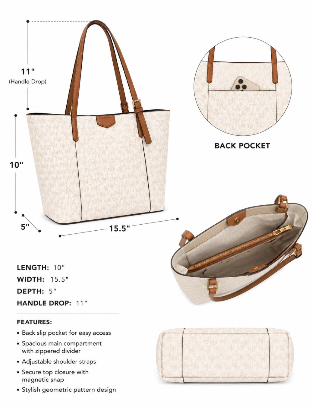 Elegant Pattern Tote Bag with Back Pocket – Available in 3 Colors