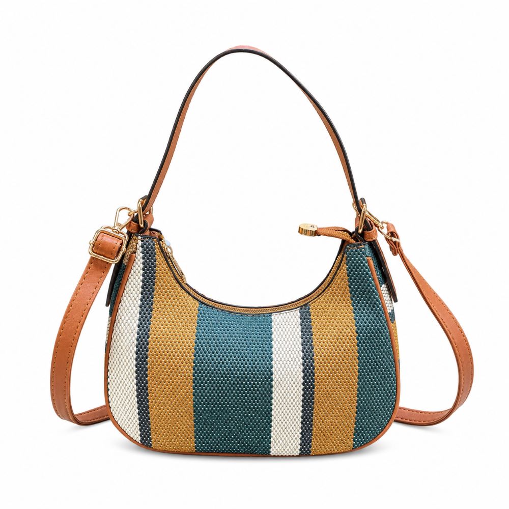 Striped Woven Shoulder & Crossbody Bag with Adjustable Strap