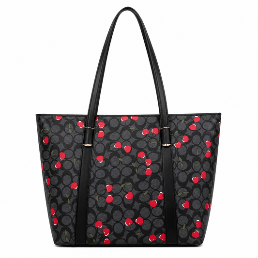Cherry Print Tote Bag for Women | Large Stylish Shoulder Bag with Zipper Divider