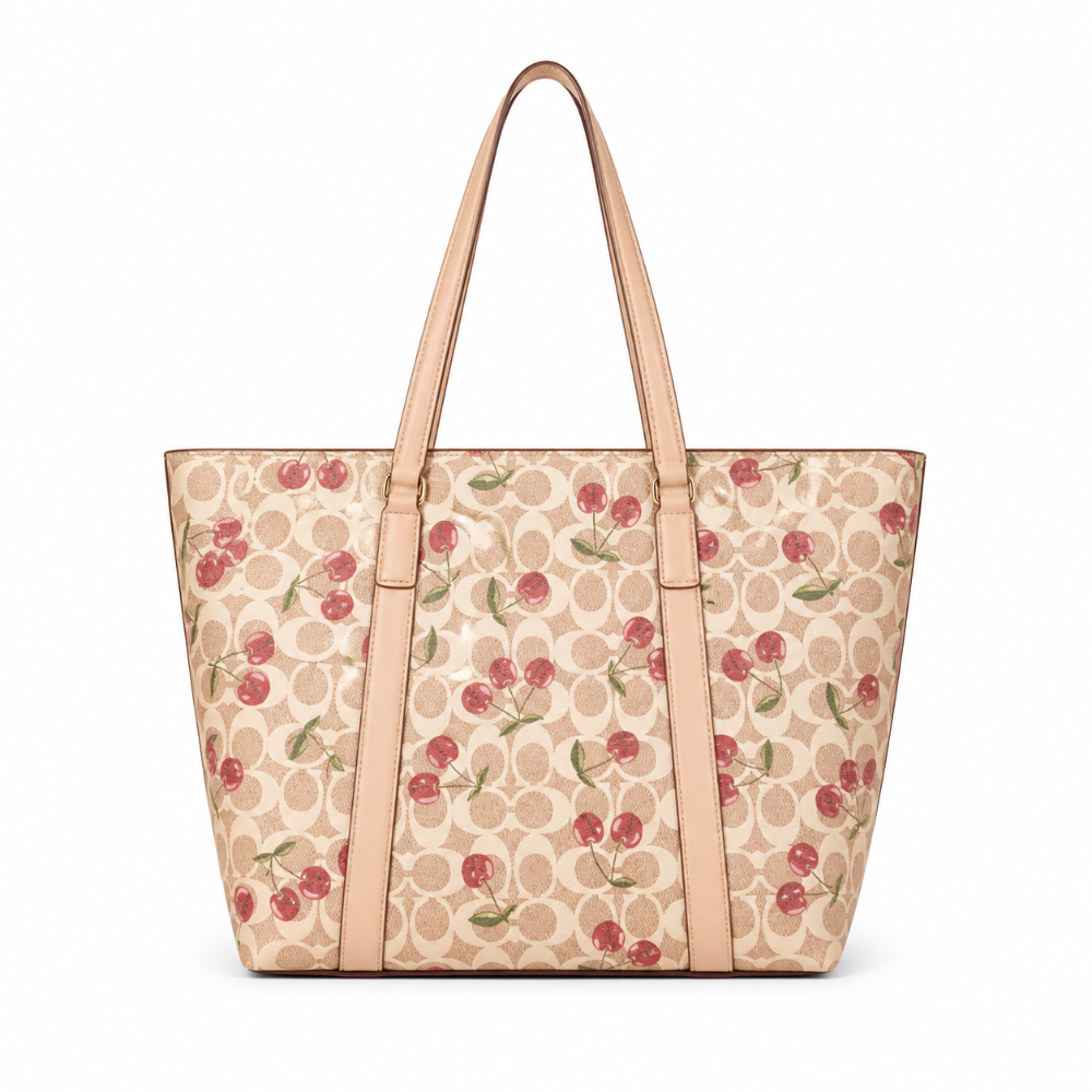 Cherry Print Tote Bag for Women | Large Stylish Shoulder Bag with Zipper Divider