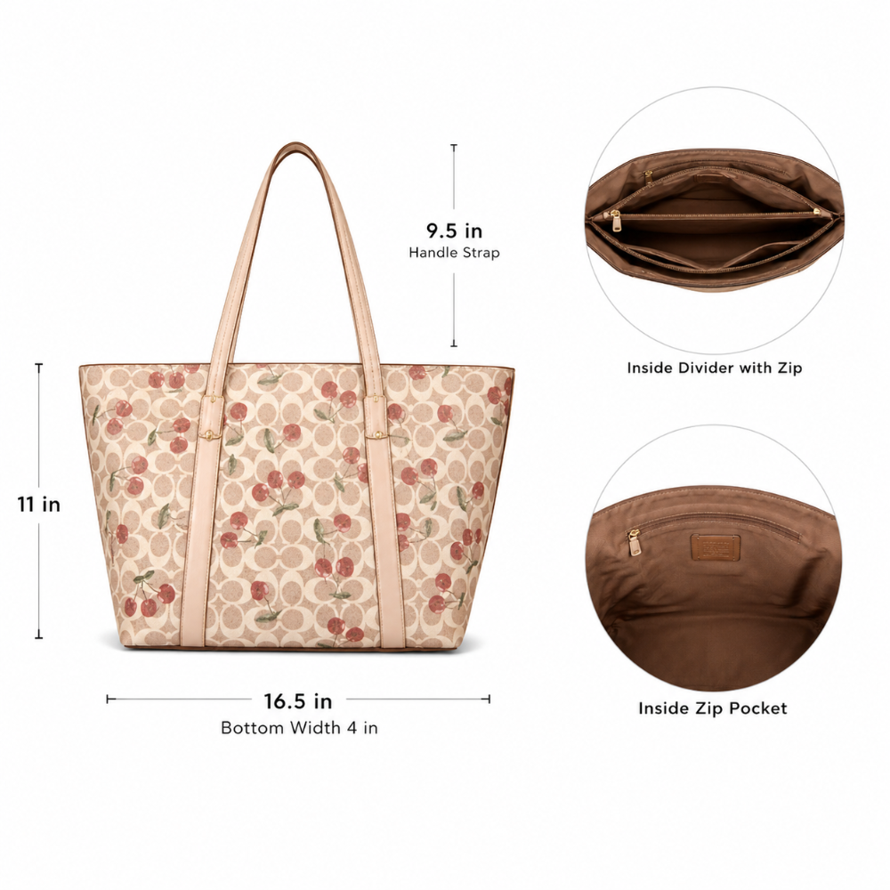 Cherry Print Tote Bag for Women | Large Stylish Shoulder Bag with Zipper Divider