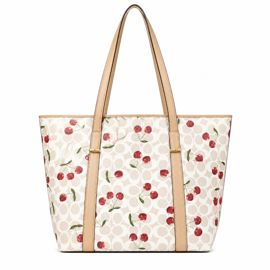 Cherry Print Tote Bag for Women | Large Stylish Shoulder Bag with Zipper Divider