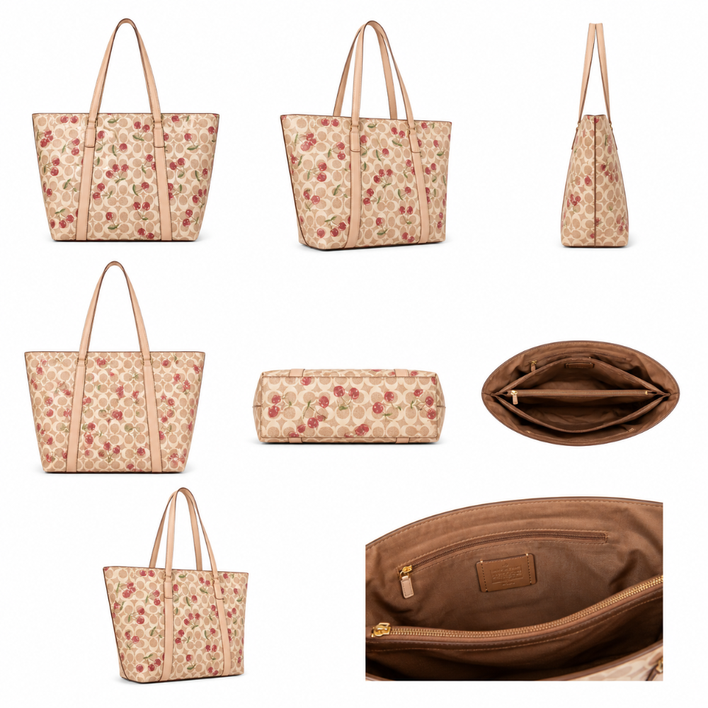 Cherry Print Tote Bag for Women | Large Stylish Shoulder Bag with Zipper Divider