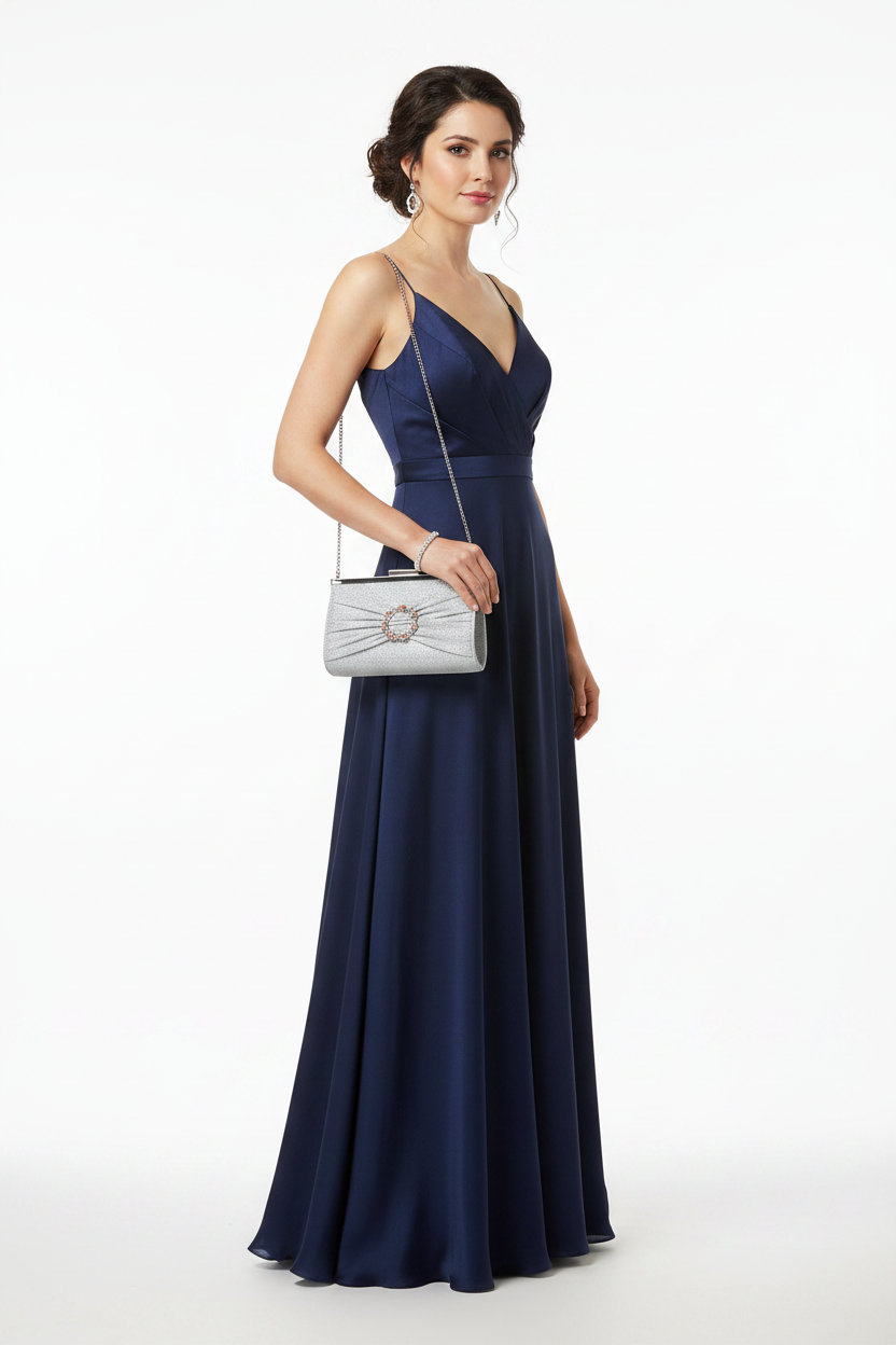 EB015 Silver Clutch - Model with Chain Strap